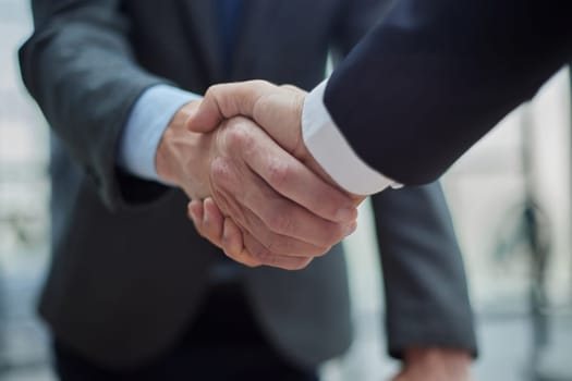 Two diverse professional business men executive leaders shaking hands at office meeting