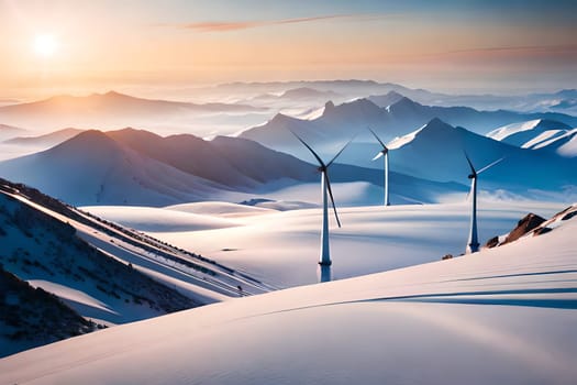 Panoramic view of wind farm or wind park, with high wind turbines for generation electricity with copy space. Green energy concept. Generative AI