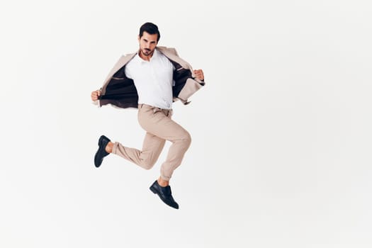 man cheerful flying job suit sexy portrait arm beard tie isolated victory winner standing business jacket running flying happy businessman beige smiling