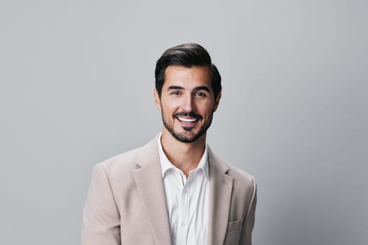 man portrait job tie executive male businessman isolated successful stylish happy beige suit professional smiling smile business handsome white copyspace sexy