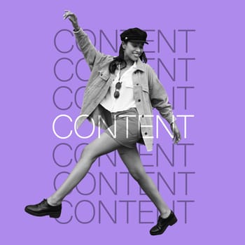 Happy woman, fashion influencer and words of motivation, overlay and pose on inspirational poster on purple background. Energy, free and dancing, female is content with style and beauty with text.