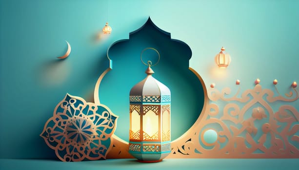 Mubarak Ramadan Kareem islamic muslim banner background with lamp and candle, decorated design on pastel azure background with copy space