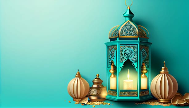 Mubarak Ramadan Kareem islamic muslim banner background with lamp and candle, decorated design on pastel azure background with copy space