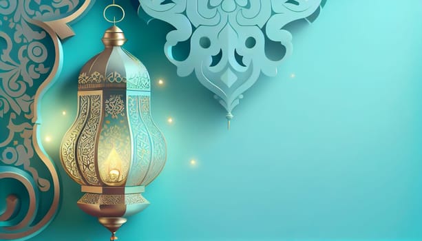 Mubarak Ramadan Kareem islamic muslim banner background with lamp and candle, decorated design on pastel azure background with copy space