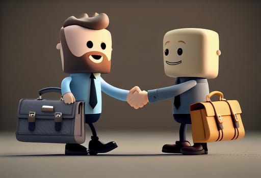 business handshake. Cute cartoon smiling man with laptop and bearded businessman with briefcase standing and shaking hands.