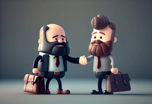 business handshake. Cute cartoon smiling man with laptop and bearded businessman with briefcase standing and shaking hands.