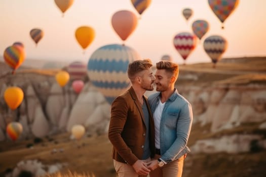 Beautiful gay couple of unrecognizable people watching Colorful Hot Air Balloons in Flight in Cappadocia, AI Generated