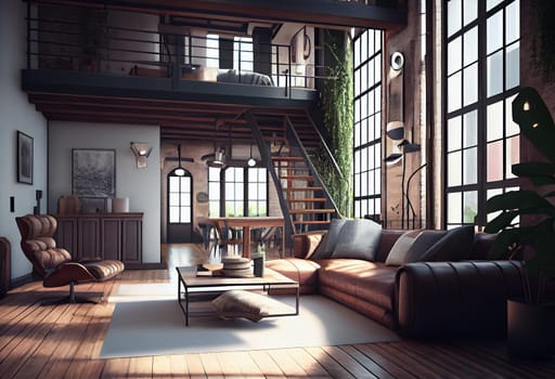 Living room loft in industrial style ,3d render