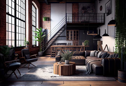 Living room loft in industrial style ,3d render