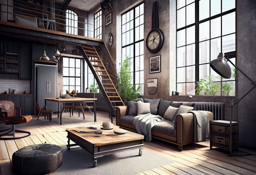 Living room loft in industrial style ,3d render