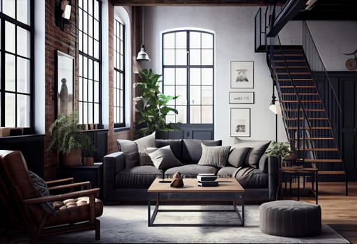 Living room loft in industrial style ,3d render