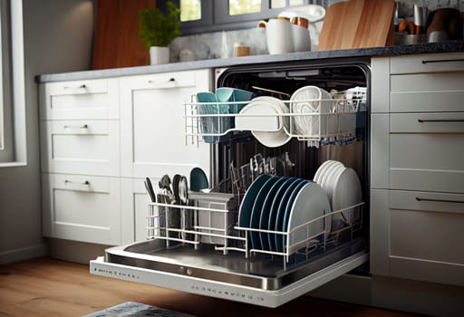 Open dishwasher with clean dishes inside in kitchen