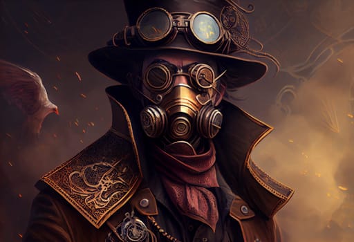 a man wearing a steampunk hat and a steampunk mask, fantasy art, steampunk.