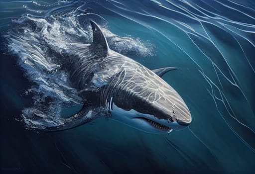 Large white shark swimming in the ocean, photorealist painting.