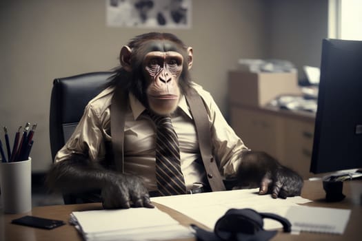 Monkey wearing suit in office , Businessman monkey sitting at office .