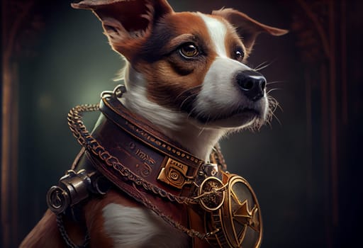 dog with a steampunk watch lanyard around his neck protecting a safe.