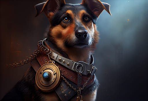 dog with a steampunk watch lanyard around his neck protecting a safe.