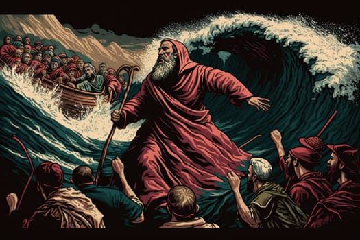 Illustration of the Exodus of the bible, Moses crossing the Red Sea with the Israelites, escape from the Egyptians.