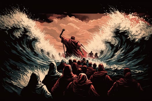 Illustration of the Exodus of the bible, Moses crossing the Red Sea with the Israelites, escape from the Egyptians.