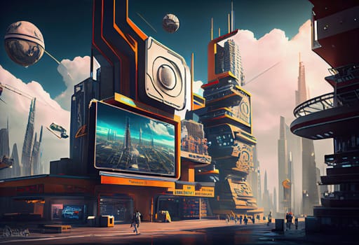 Futuristic city with billboards.