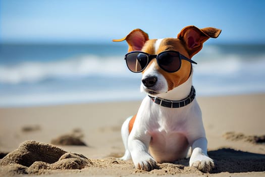 Cute dog - jack Russell terrier with sunglasses, enjoying on the beach.
