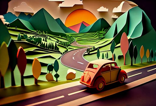 Paper art , Car on a road , one day trip in the summer , Escape from the city with goes on holiday weekend