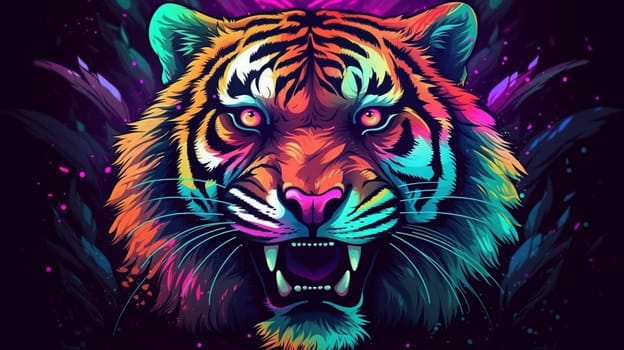 Psychedelic trippy tiger cartoon 70s, rave style, acid color. Retrowave concept. AI Generative.