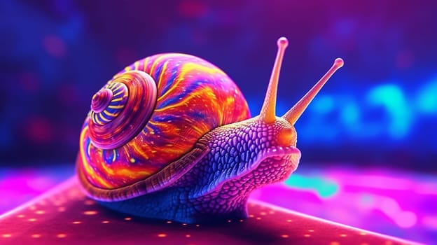 Psychedelic trippy snail cartoon 70s, rave style, acid color. Retrowave concept. Ai Generative.