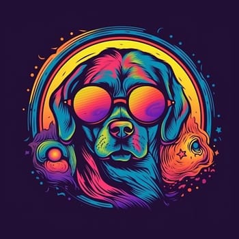 Psychedelic trippy dog cartoon 70s, rave style, acid color. Retrowave concept. Ai Generative.