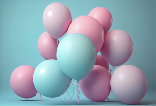 Pink balloons on a pastel blue background. 3d render illustration