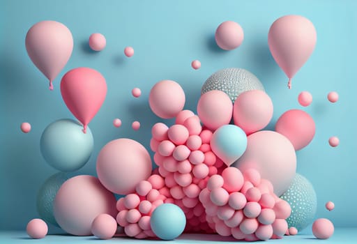 Pink balloons on a pastel blue background. 3d render illustration