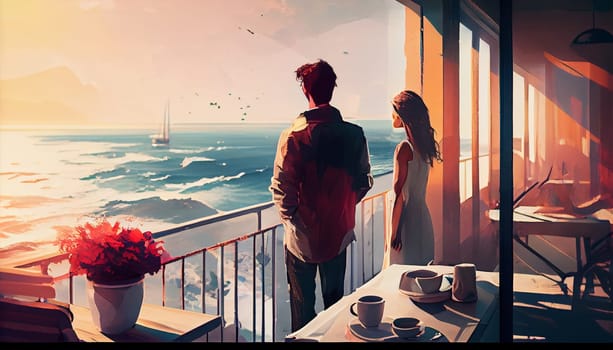 Young couple watching the horizon on their terrace - sea, sun