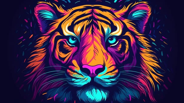 Psychedelic trippy tiger cartoon 70s, rave style, acid color. Retrowave concept. AI Generative.