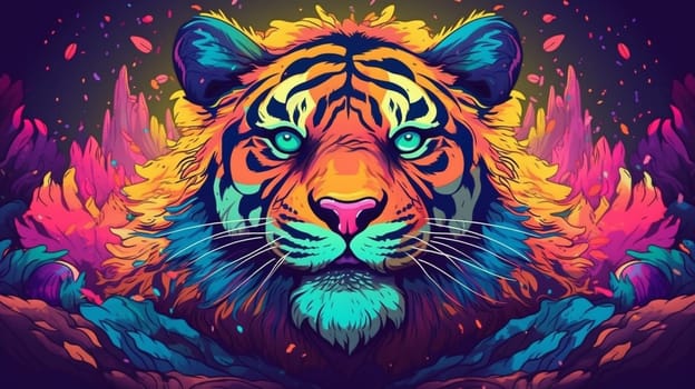 Psychedelic trippy tiger cartoon 70s, rave style, acid color. Retrowave concept. AI Generative.