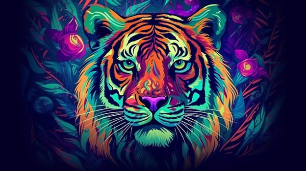 Psychedelic trippy tiger cartoon 70s, rave style, acid color. Retrowave concept. AI Generative.