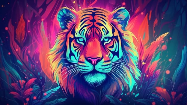 Psychedelic trippy tiger cartoon 70s, rave style, acid color. Retrowave concept. AI Generative.