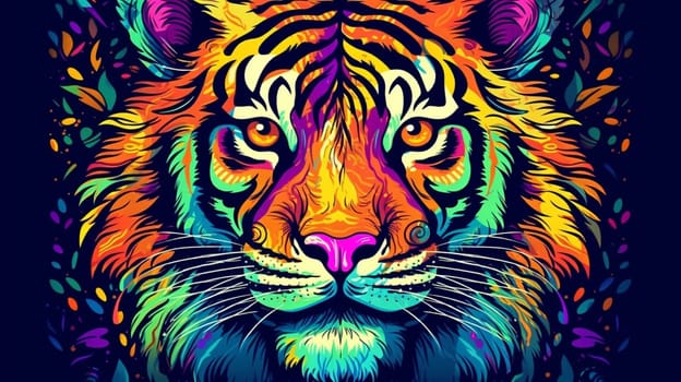 Psychedelic trippy tiger cartoon 70s, rave style, acid color. Retrowave concept. AI Generative.