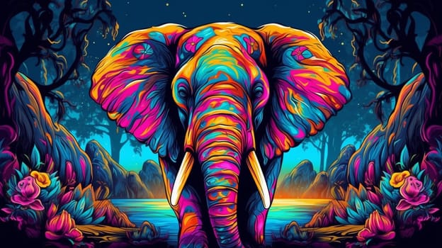 Psychedelic trippy Elephant cartoon 70s, rave style, acid color. Retrowave concept. AI generative.