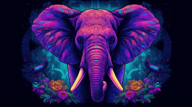 Psychedelic trippy Elephant cartoon 70s, rave style, acid color. Retrowave concept. AI generative.