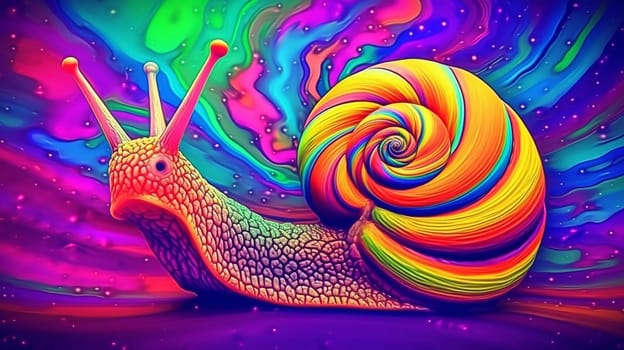 Psychedelic trippy snail cartoon 70s, rave style, acid color. Retrowave concept. Ai Generative.