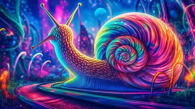 Psychedelic trippy snail cartoon 70s, rave style, acid color. Retrowave concept. Ai Generative.