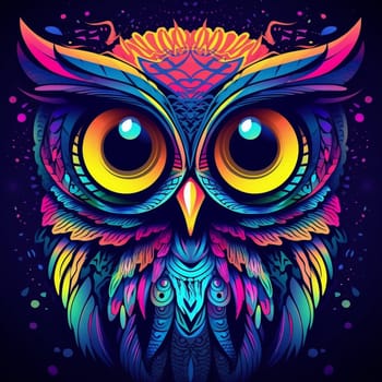 Psychedelic trippy owl cartoon 70s, rave style, acid color. Retrowave concept. Ai Generative.