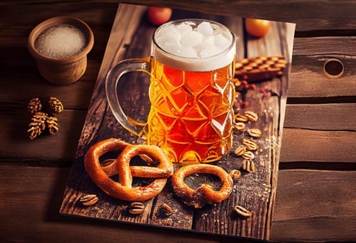 Beer and Pretzel on wooden background, Oktoberfest