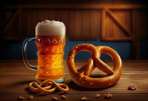 Beer and Pretzel on wooden background, Oktoberfest