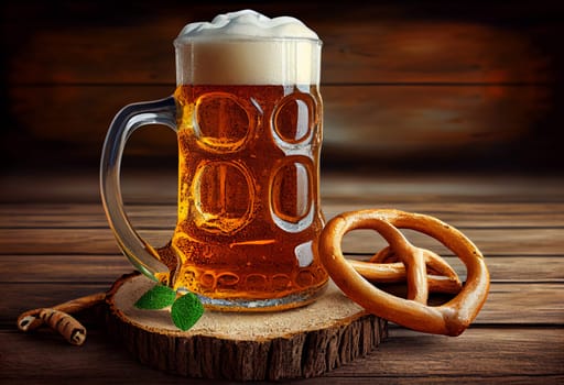 Beer and Pretzel on wooden background, Oktoberfest