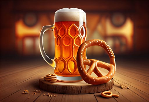 Beer and Pretzel on wooden background, Oktoberfest