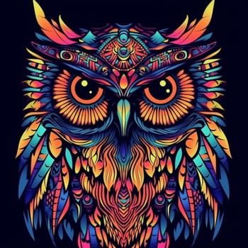 Psychedelic trippy owl cartoon 70s, rave style, acid color. Retrowave concept. Ai Generative.