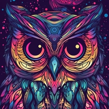 Psychedelic trippy owl cartoon 70s, rave style, acid color. Retrowave concept. Ai Generative.