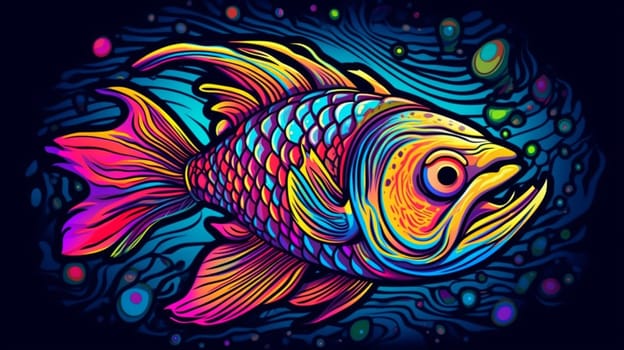 Psychedelic trippy fish cartoon 70s, rave style, acid color. Retrowave concept. Ai Generative.