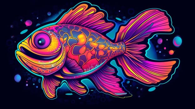 Psychedelic trippy fish cartoon 70s, rave style, acid color. Retrowave concept. Ai Generative.